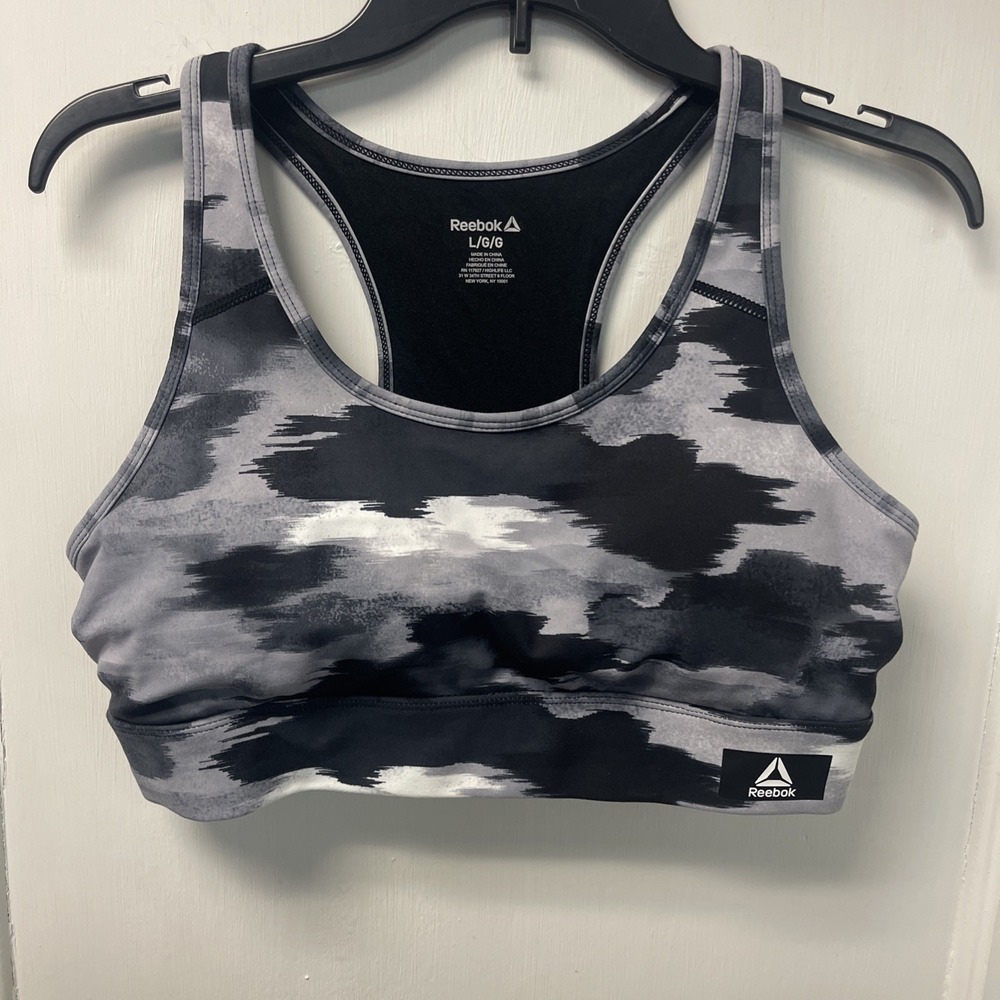 Reebok Vivid Gray Black White Abstract Logo Padded Wireless Sports Bra L